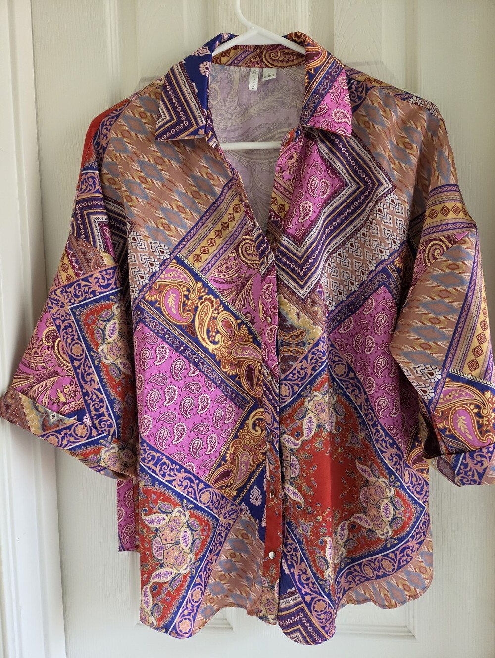 Cato Fashions Size L Patchwork Paisley Button Down Blouse‎ Top Pink Red Boho